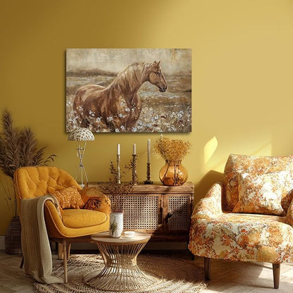 ZENPEE Horse Canvas Wall Art for Farmhouse Decor, Neutral Brown/Beige Equestrian Picture with Wildflower Meadow, Animal Artwork for Living Room Bedroom Office, Ready to Hang, 24 x 36 Inches