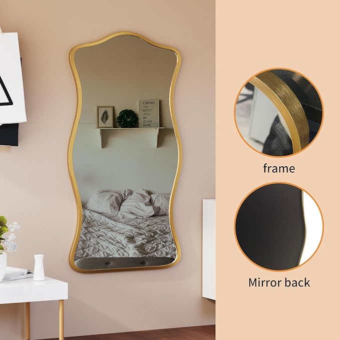 Irregular Wavy Wall Mirror,47"x22"Asymmetrical Wall Mirror,Aluminum Alloy Frame Large Abstract Modern Unique Shape Full Length Mirrors for Living Room Bathroom Bedroom Entryway Hallway