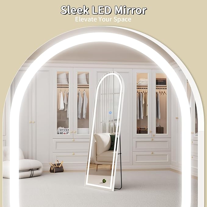 Koonmi LED Arched Full Length Mirror, 63"x20" Full Length Mirror with Lights, Lighted Floor Mirrors with Stand, Full Body Mirrors with Dimming & 3 Color Lightingfor Living Room Cloakroom, White