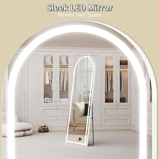 Koonmi LED Arched Full Length Mirror, 63"x20" Full Length Mirror with Lights, Lighted Floor Mirrors with Stand, Full Body Mirrors with Dimming & 3 Color Lightingfor Living Room Cloakroom, White