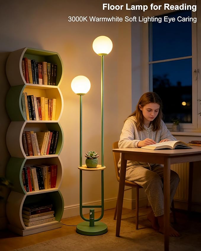 Lightdot 63IN Green Floor Lamp 2 Globe Mid Century Standing Lamps with Bulbs Included Unique Vintage Dimmable Tall Floor Lamp with 5Lbs Heavy Base for Living Room/Wedding/Sofa Beside/Corner Decor