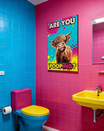Funny Highland Cow Bathroom Canvas Wall Art Prints, Are You Pooping Sign, Colorful Pop Art Toilet Poster for Washroom, Graffiti Humorous Restroom Wall Decor, 16x24 Inch Framed Painting Ready to Hang