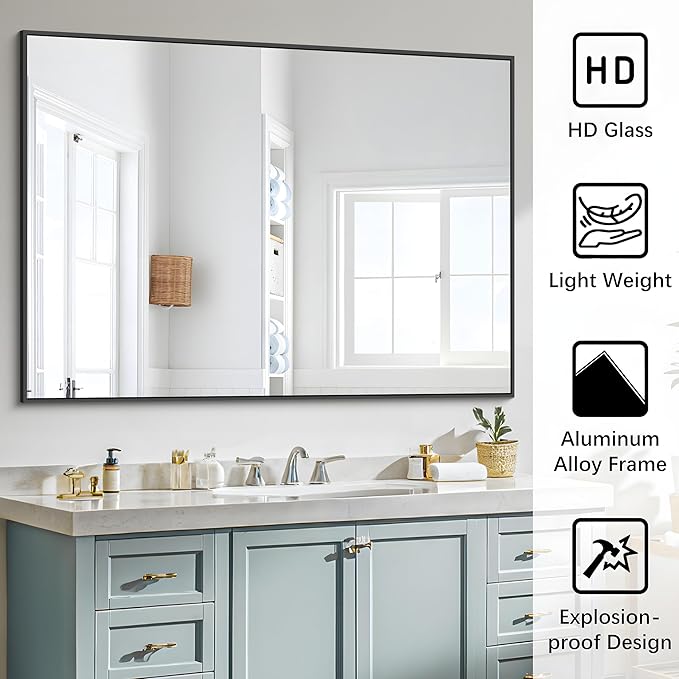 COFENY Black Bathroom Mirror, 48"X36" Rectangle Mirrors for Wall Metal Frame, Modern Vanity Wall Mirror for Bathroom Living Room, Entryway Hangs Horizontal or Vertical