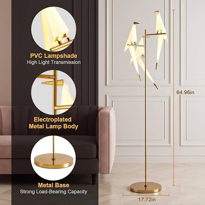 Nordic Paper Crane Floor Lamp, 3-Light Artistic Standing Lamp with LED Lighting, Modern Bird Design with Metal Frame, Decorative Floor Lamp for Living Room, Bedroom, Office & Reading Corner
