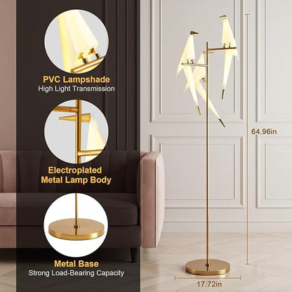 Nordic Paper Crane Floor Lamp, 3-Light Artistic Standing Lamp with LED Lighting, Modern Bird Design with Metal Frame, Decorative Floor Lamp for Living Room, Bedroom, Office & Reading Corner