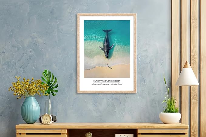 Framed Nautical Bathroom Wall Art Decor Blue Coastal Ocean Landscape Painting Print Artwork Whale Tail on Surface Picture for Modern Bedroom Kitchen Kids Room Home Decor 12"x16"x2 Pcs