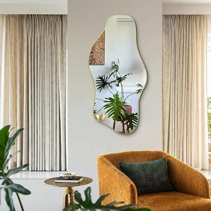 Gold Irregular Wall Mirror, 35.8"x17.7" Asymmetrical Tempered Glass Mirror, Modern Abstract Frameless Cloud Mirrors for Living Room Bedroom Entryway, Horizontal or Vertical Hanging