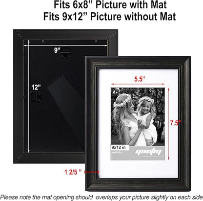 Yaetm 9x12 Picture Frame Matted to 6x8 Set of 4, 1.4” Wide Molding & Distressed Black Photo Frames 9 x 12 with Tempered Glass, Display on Tabletop & Wall Mounting (4 pack, Black)