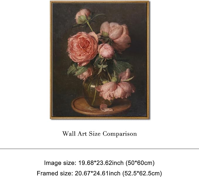 Pyradecor Vintage Framed Wall Art Large Living Room Decor Pfingstrosen Canvas Prints Classical Floral Painting for Bedroom Farmhouse Office Decorations
