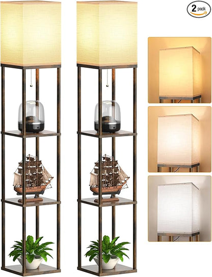 PARTPHONER Floor Lamp with Shelves for Living Room 2 Pack, Shelf Floor Lamp with 3 CCT LED Bulb, Corner Display Standing Column Lamp Etagere Organizer Tower Nightstand for Bedroom, Rustic Brown