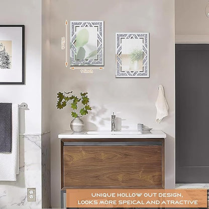 2 Piece Rectangular Hollow Crushed Diamond Decorative Mirror, Silver Crushed Diamond Mirror Decor Wall for Living Room Bedroom Bathroom (11”x15”)