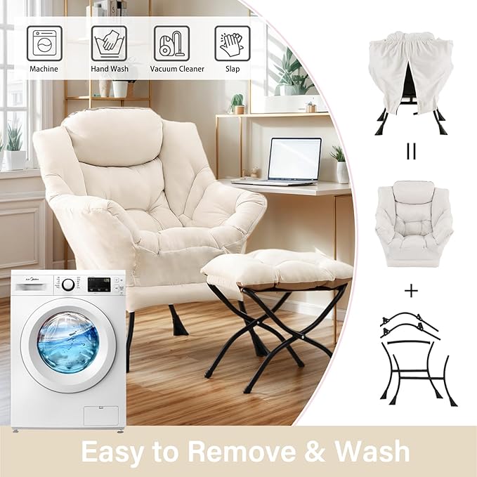 Lazy Chair with Ottoman, Large Beige Accent Chair with Ottoman, Comfy Reading Armchair, Leisure Sofa Chair for Living Room, Bedroom, Dorm Room, Office