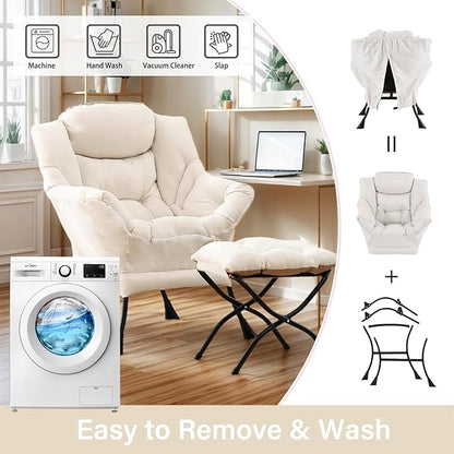 Lazy Chair with Ottoman, Large Beige Accent Chair with Ottoman, Comfy Reading Armchair, Leisure Sofa Chair for Living Room, Bedroom, Dorm Room, Office