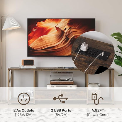 LED TV Stand with 2 Fabric Drawer - 63" Industrial TV Console Table with Open Storage Shelves for Living Room,Bedroom, Entertainment Center TV Stands for 65-75" TV - Rustic Brown Steel Frame