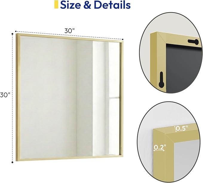 30" x 30" Gold Square Wall Mirror, Metal Framed Accent Decor, Boho Chic Bathroom Mirror for Vanity & Bedroom, Vintage Brass Tone