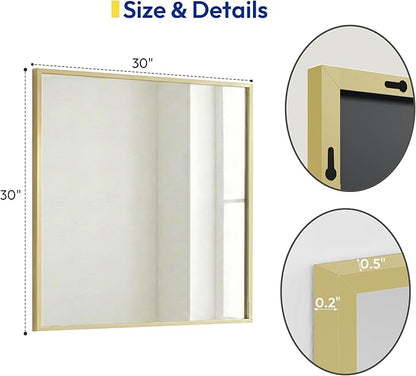 30" x 30" Gold Square Wall Mirror, Metal Framed Accent Decor, Boho Chic Bathroom Mirror for Vanity & Bedroom, Vintage Brass Tone