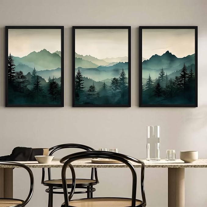 Mountain Wall Art Decor Set of 3 Sage Green Forest Canvas Wall Art Prints Nature Landscape Wall Decor Watercolor Pine Tree Pictures Abstract Modern Painting for Living Room Bedroom 16x24 Inch Framed