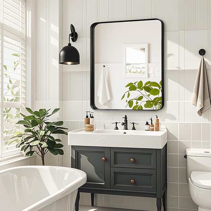 Fabuday Bathroom Mirror Wall Mounted - 26x28 Inch Framed Balck Mirrors for Bathroom Over Sink with Rectangle Frame, Black Matte Frame Vanity Mirrors for Bedroom, Restroom, Farmhouse, Entryway Decor