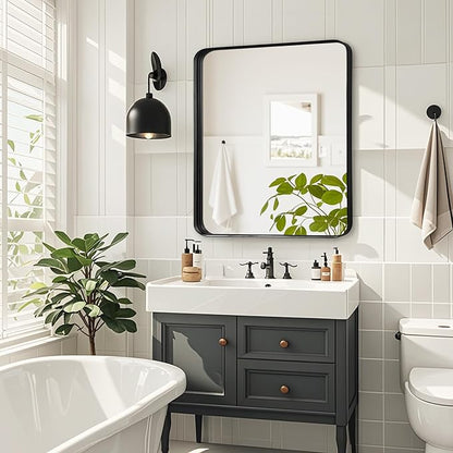 Fabuday Bathroom Mirror Wall Mounted - 26x28 Inch Framed Balck Mirrors for Bathroom Over Sink with Rectangle Frame, Black Matte Frame Vanity Mirrors for Bedroom, Restroom, Farmhouse, Entryway Decor