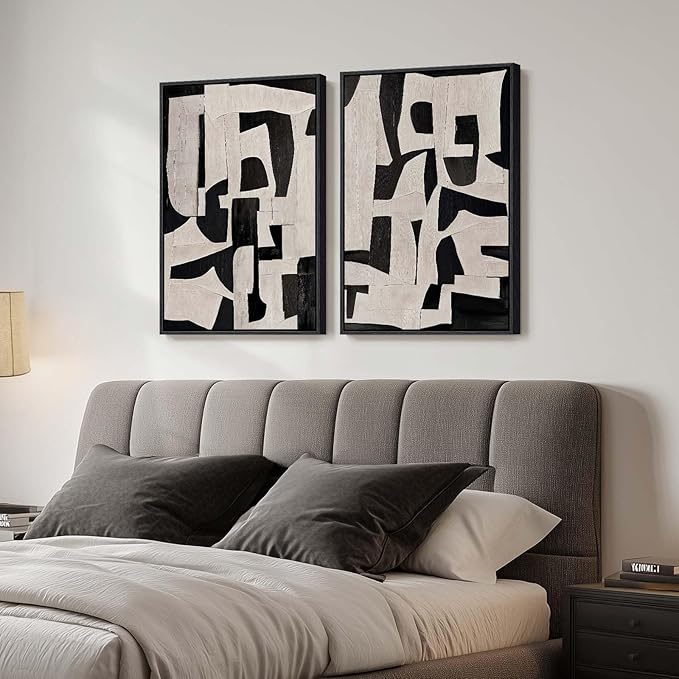 Large Framed Black and Beige Abstract Wall Art, Set of 2 Piece Minimalist Canvas Paintings Artwork for Walls, Modern Art Prints Pictures for Living Room Hallway Dining Room Bedroom Office Wall Decor