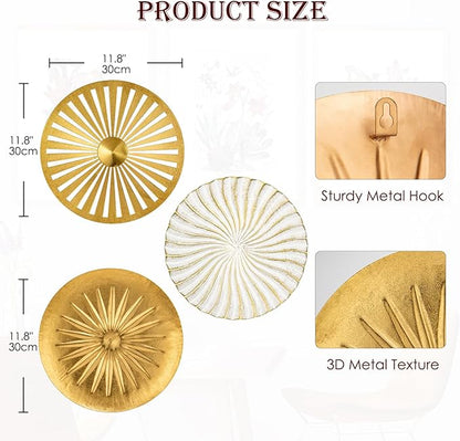 Briful 12" Wall Décor Pack of 3 Metal Gold & White Washed Starbursts Radial Plate Wall Art Modern Accent Hanging Wall Decorations For Home Office Bedroom Or Living Room Wall Sculptures