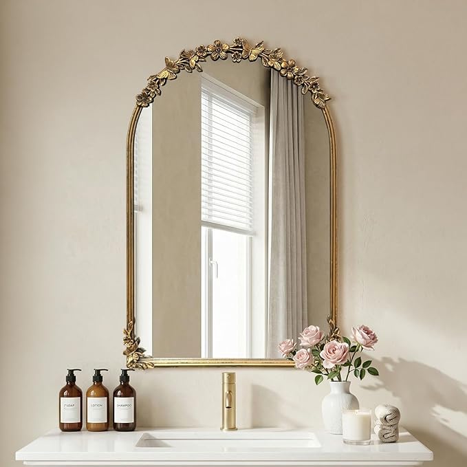 Antique Baroque Vintage Vanity Mirror 36x23Inch, Gold with Ornate Antique Frame, Arched Vintage Wall Mirror for Living Room, Fireplace, Entryway (Golden (Arched 4), 36"L x 23"W（Vertical ）)