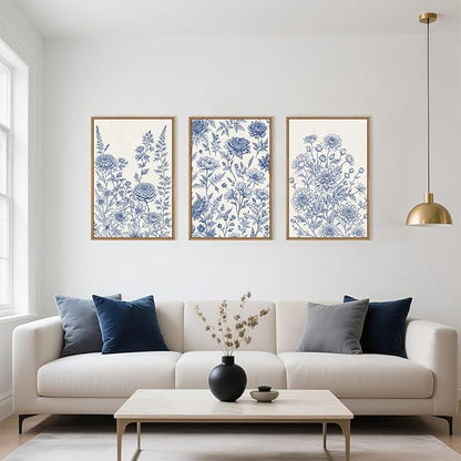 Large Navy Blue Chinoiserie Floral Framed Canvas Wall Art Set,Minimalist Blue and White Flower Wall Decor,Classic Watercolor Botanical Wildflower Art Print for Living Room,Bedroom-24 x36×3