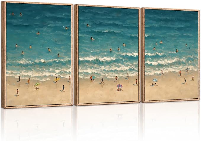 HLNIUC Summer Beach Framed Canvas Wall Art,Large Coastal Sea Wave Wall Decor,Blue Ocean Swimming Artwork Set of 3(24x36),Watercolor Seaside Holiday Art Prints for Living Room, Bedroom,Office