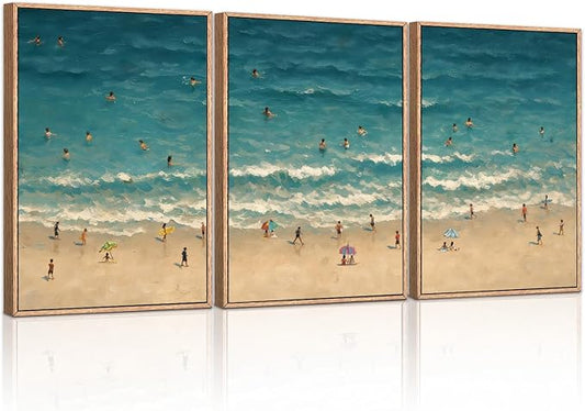 HLNIUC Summer Beach Framed Canvas Wall Art,Large Coastal Sea Wave Wall Decor,Blue Ocean Swimming Artwork Set of 3(24x36),Watercolor Seaside Holiday Art Prints for Living Room, Bedroom,Office