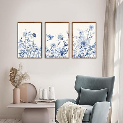 HLNIUC Chinoiserie Floral Wall art,Blue Flower Bird Wall Art,Minimalist Botaincal Artwork,Navy Blue Flower Framed Decor,Neutral Plants Painting,Daisy Prints for Livingroom,Bedroom,Office 16x24x3