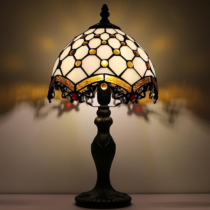 Tiffany Style Lamp Stained Glass Table Lamp 8 x 14.5” Mini Accent Light Phoenix Tail Beads Design Small Decorative Bedside Reading Memory Lamp