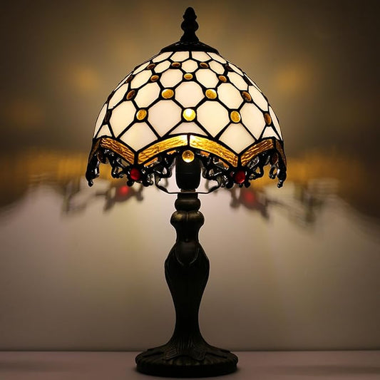 Tiffany Style Lamp Stained Glass Table Lamp 8 x 14.5” Mini Accent Light Phoenix Tail Beads Design Small Decorative Bedside Reading Memory Lamp