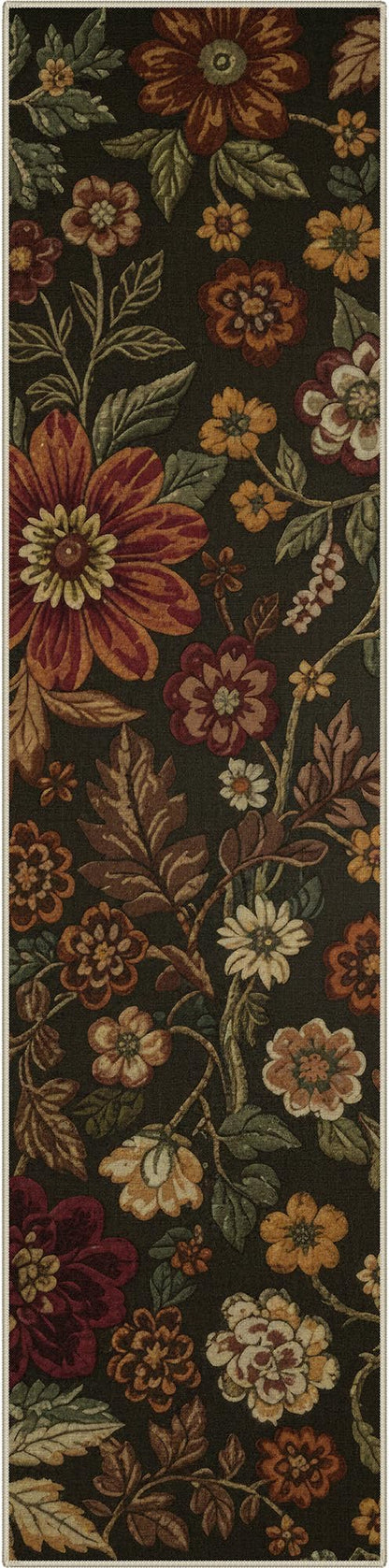 GENIMO 2X10 Washable Vintage Floral Print Runner Rug, Non-Slip Low Pile Stain Resistant Soft Chenille Carpet for Hallway Entryway Kitchen Corridor, Floral Brown