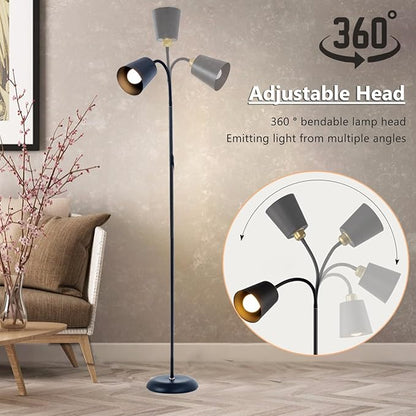 Floor Reading Lamp, Industrial Standing Lamps for Living Room with Adjustable Bendable, 2 in 1 Reading Table Lamps for Living Room Bedroom Office, 12W LED Bulb Included (Black Poles)