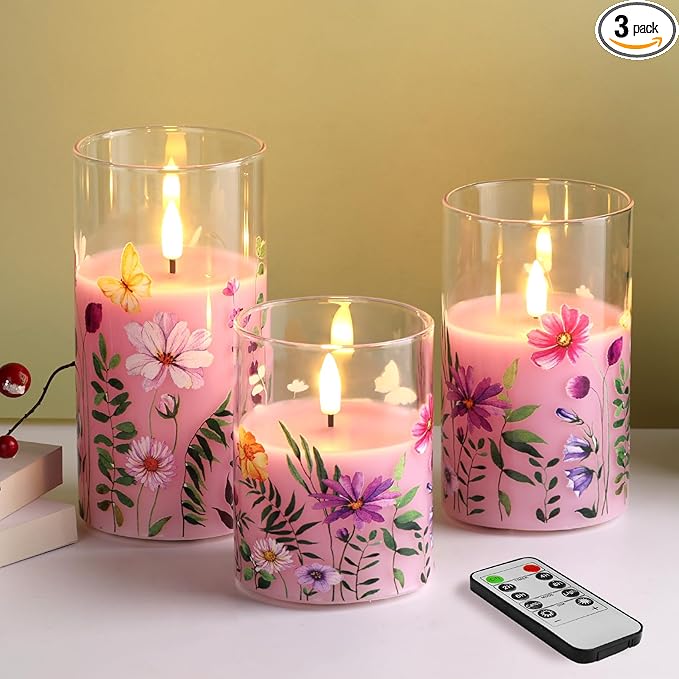 Eywamage Pink Floral Glass Flameless Candles with Remote, Flickering Spring LED Pillar Candles Battery Operated Home Decor Set of 3