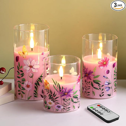 Eywamage Pink Floral Glass Flameless Candles with Remote, Flickering Spring LED Pillar Candles Battery Operated Home Decor Set of 3