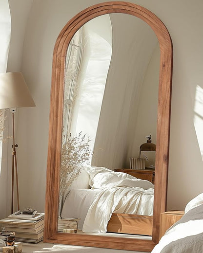 Full Length Mirror, 76"x34" Wooden Mirror Full Length with Stand Wood Floor Mirror, Oversized Stand Up Mirrors Large Wall Mirrors, Wall Mounted Mirrors, Arched Wood Style, Brown