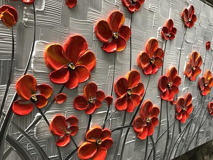 YaSheng Art - 48x24inch Canvas Wall Art, Hand Painted Oil Painting Wall Art ,Abstract 3D Texture Wall Art Pictures, Red Floral Paintings, Modern Home Bedroom Wall Art Decor, Wall Art for living room, Large Framed oil painting.