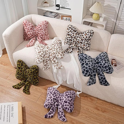 Leopard Print Throw Pillow Furry Bow Plush Pillows Cute Flower Plush Pillow Cheetah Home Decor Stuffed Bow Lumbar Pillow for Bed Couch Living Room Decor (Blue, 16in)