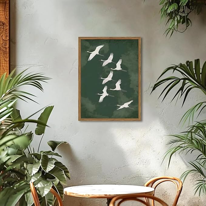 Framed Japanese Flying Cranes Wall Art, Vintage Bird Pictures Wall Decor Paintings, Rustic Nature Animal Canvas Prints Minimalist Home Decor for Living Room Bedroom Office Zen 12x16 inch