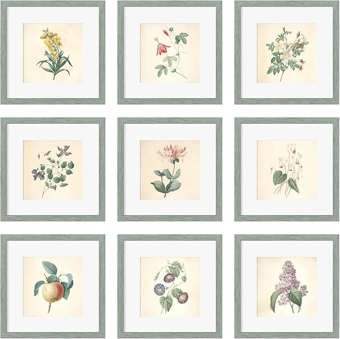 12x12 Picture Frame Set of 9, Display Pictures 8x8 with Mat or 12x12 without Mat, Multi Collage Gallery Square Photo Frames for Wall or Tabletop, Rustic Green