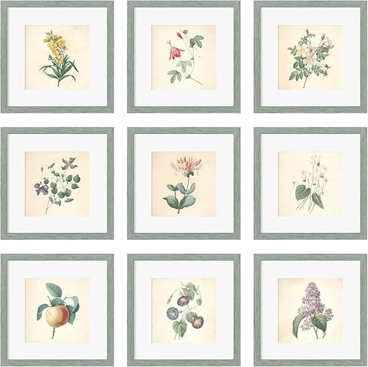 12x12 Picture Frame Set of 9, Display Pictures 8x8 with Mat or 12x12 without Mat, Multi Collage Gallery Square Photo Frames for Wall or Tabletop, Rustic Green