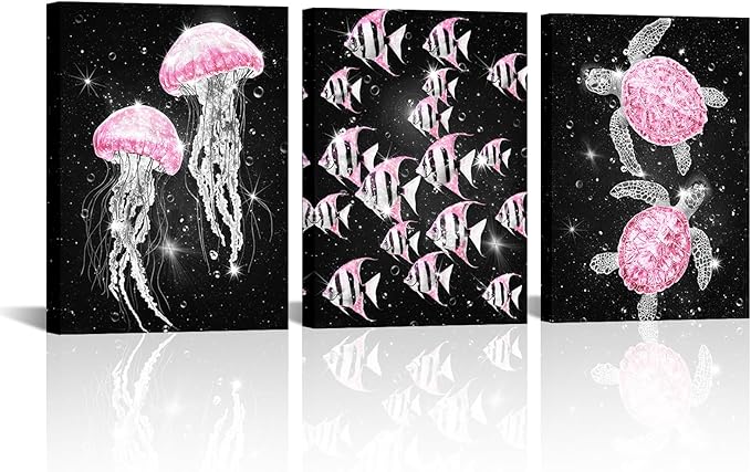 sechars Ocean Sea Life Wall Art Jellyfish Tropical Fish and Sea Turtles Pictures Modern Bathroom Nautical Decor (Pink)
