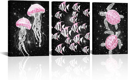 sechars Ocean Sea Life Wall Art Jellyfish Tropical Fish and Sea Turtles Pictures Modern Bathroom Nautical Decor (Pink)