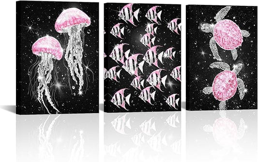 sechars Ocean Sea Life Wall Art Jellyfish Tropical Fish and Sea Turtles Pictures Modern Bathroom Nautical Decor (Pink)