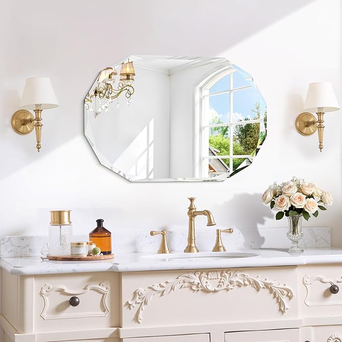 GLASHOM Frameless Bathroom Mirror, 16" x 24" Beveled Oval Wall Mirror for Over Sink, 16 Inch Modern Decorative Vanity Mirror for Bedroom, Living Room, Entryway, Hanging Mirror Horizontal or Vertical