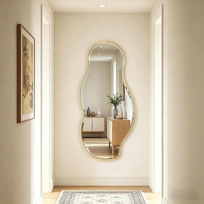 POZINO Large Irregular Mirror, 63"x28.5" Asymmetrical Metal Frame Mirror with Beveled Edge, Premium Organic Wall Mirrors for Living Room Bedroom Hallway Entryway, Horizontal/Vertical Hanging