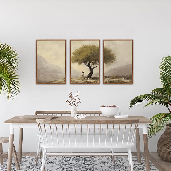 HLNIUC Jesus Sitting Under Olive Tree Canvas Wall Art,Religious Christian Wall Decor(16x24x3),Easter God Bible Story Framed Artwork,Vintage Garden of Gethsemane Prints for Church,Living Room,Bedroom