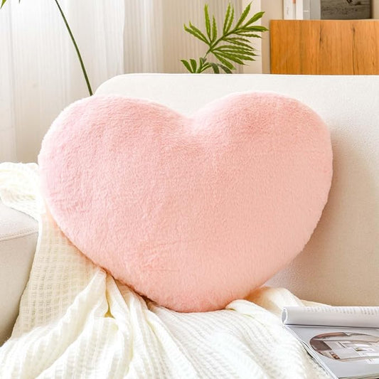 XVTRU Pink Heart Pillows, Cute Heart Decorative Pillow, Heart Shaped Throw Pillows for Bed, Faux Rabbit Fur Plush Hoom Decor Pillow Cushion for Chair Sofa Living Room (Large-19.6"x15.7")