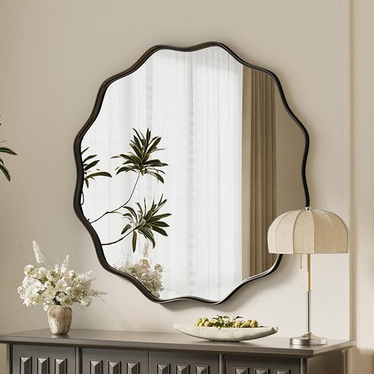 VooBang Black Scalloped Circle Mirror, 24" Wavy Edge Round Wall Mirror with Tempered Glass Textured Circular Metal Deep Frame, Hanging Leaning for Bathroom, Hallway, Entryway, Livng Room